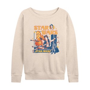 Women's - Star Wars - Retro Han Solo and Chewbacca Lightweight French Terry Wide Neck Long Sleeve Shirt - 1 of 4