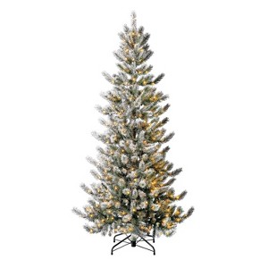Home Heritage Natural Pine 7 Foot Flocked Pre-Lit Artificial Christmas Tree Holiday Decor with 400 Warm White LED Lights and Stand, Green - 1 of 4