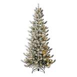 Home Heritage Natural Pine 7' Flocked Prelit Artificial Christmas Tree, 400 White LED Fairy Lights, 647 PVC Foliage Tips, Foot Pedal, and Stand, Green
