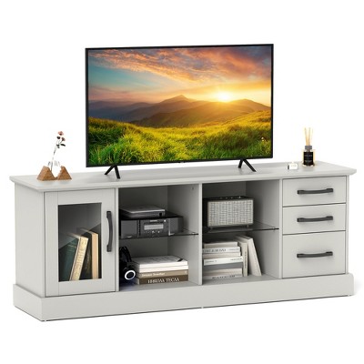 Tangkula 63" Media Console Table w/ 3 Drawers 2 Glass Shelves Cable Holes for Living Room Gray