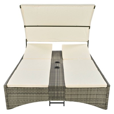 Nestfair Wicker Outdoor Day Bed with Shelter Roof and Cushions Cream