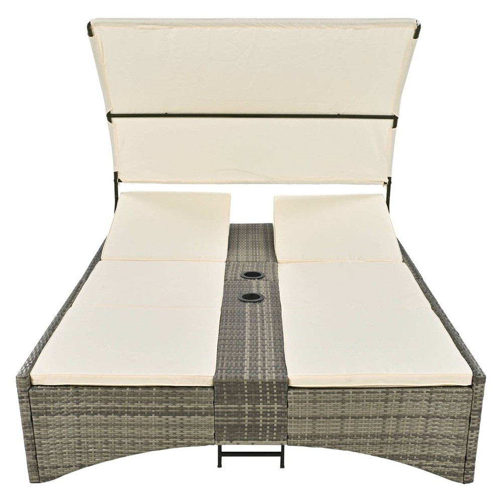 Nestfair Wicker Outdoor Day Bed with Shelter Roof and Cushions Cream