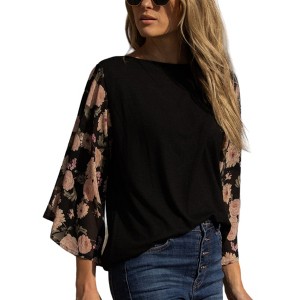 Amaryllis Women's Long-Sleeve Mixed Floral Fabric Top Boat Neck Stylish Versatile - 1 of 4