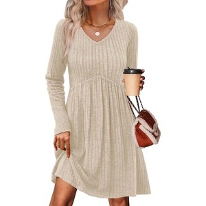 Long Sleeve V-Neck Sweater Dress 2025, Women's Empire Waist Babydoll Fall Dress with Pockets Apricot - 1 of 4