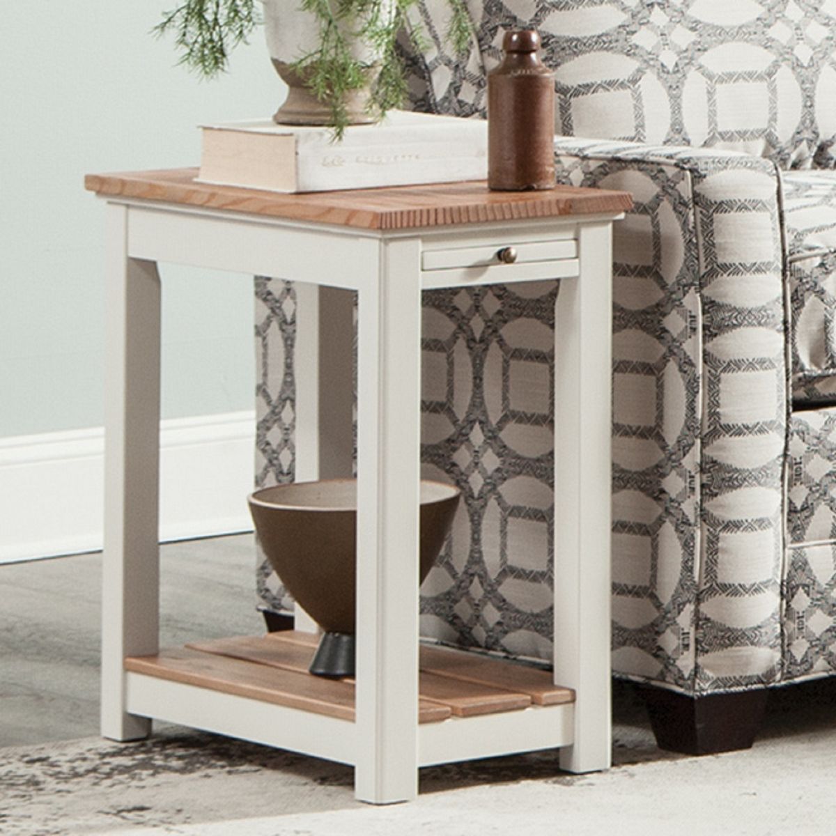 Savannah Chairside End Table with Pull Out Shelf Ivory with Natural Wood Top - Alaterre Furniture - thumbnail 3