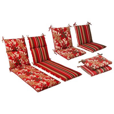 36.5 Red & Brown Tropical Striped Reversible Outdoor Patio Furniture Mid Back  Chair Cushions