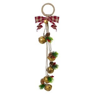 Northlight 15-Inch Pine and Gold Jingle Bell Christmas Door Hanger with Plaid Bow - 1 of 4