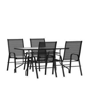 Emma and Oliver Five Piece Patio Table Set with Metal Table with Tempered Glass Top and 4 Flex Comfort Stacking Chairs - 1 of 4