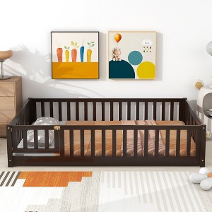 MAYEERTY Full Floor Bed with Fence and Door, Rubber Wood Bed Guardrails Brown - 1 of 4