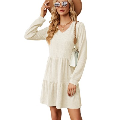Women Casual Striped Tunic Dress V Neck Tiered Dress Long Sleeve Fit Swing Shift Dress Loose Ruffled Dresses