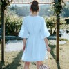 Anna-Kaci Women's V Neck Bell Sleeve Swiss Dot A-Line Elastic Waist Ruffle Dress - Small, Blue - 4 of 4