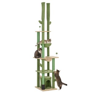 PawHut Floor to Ceiling Cat Tree, 89"-100" Adjustable Height Cat Climbing Tower for Indoor Cats w/ Grooming Brush Post, Cat Condo, Hammock, Green - 1 of 4