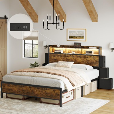Hausource Queen/Full Size Bed Frame with Storage Headboard & 6 Drawers Platform Bed No Box Spring Needed