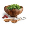Nambe Yaro Acacia Wood Salad Bowl w/ Alloy Handle Servers,Bowl: 14"D X 7" H; 4 QT Servers: 13" L, Natural Acacia - 2 of 3