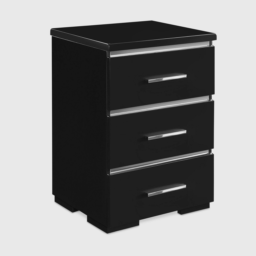 Belmont 3 Drawer Nightstand Black - Finch: Mirrored Accents, Chrome Pulls, No Assembly Required