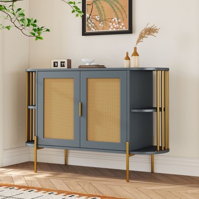 NicBex Buffet Cabinet with Storage Elegant 2-door Curved Sideboard Cabinet with Gold Trim and Woven Rattan Doors for Dining Room, Living Room