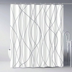 Grey and White Striped Polyester Shower Curtain, 72 Inches Long, Weighted Hem, Waterproof, with Hooks, Machine Washable. - 1 of 4