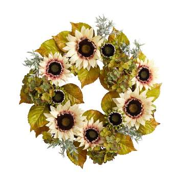 Nearly Natural 24” White Sunflower and Hydrangea Artificial Autumn Wreath