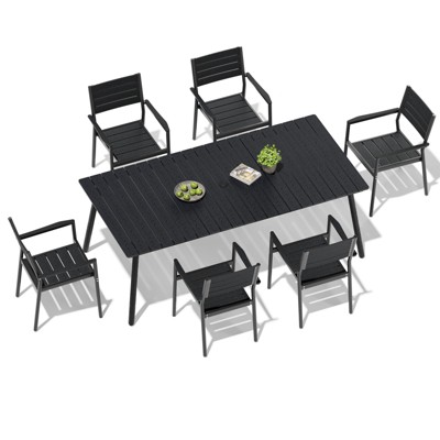 Crestlive Products Outdoor Dining Set Patio Dining Table Wooden-Like Top and Aluminum Frame Umbrella Hole