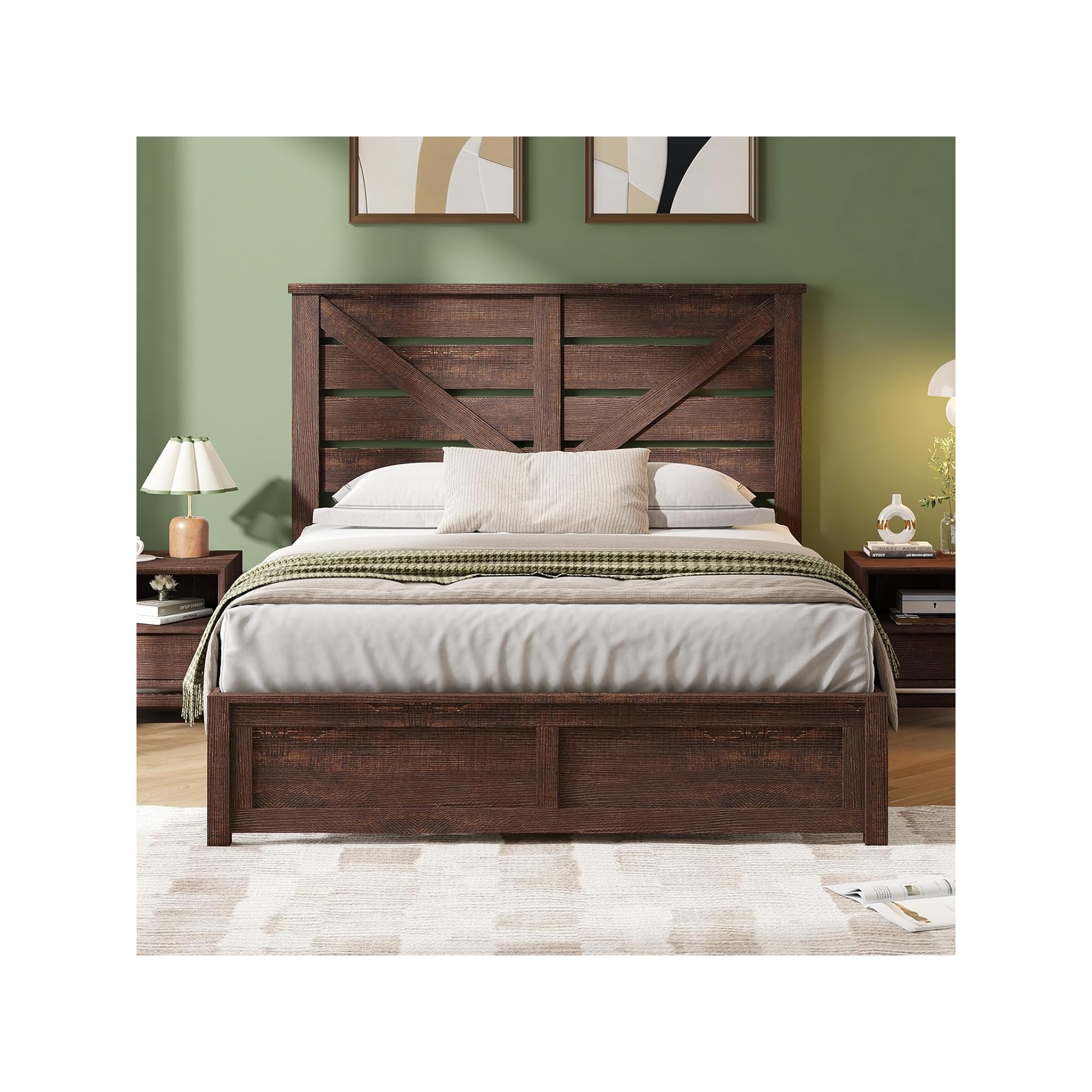 AMERLIFE Queen Farmhouse Platform Bed Frame with Barn Door Headboard, Wood Slat Support, Reclaimed Barnwood