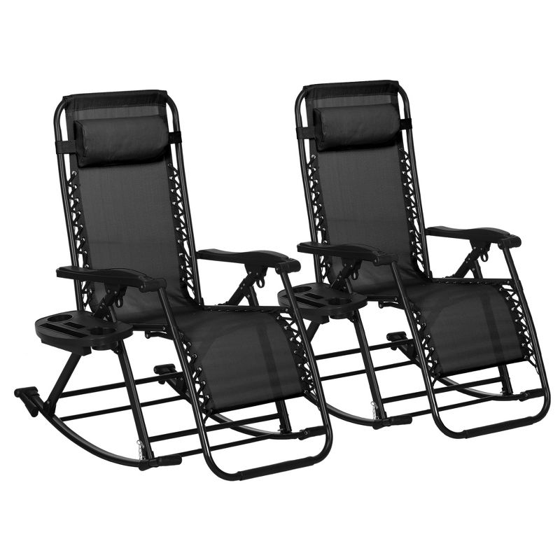 Outsunny 2 Outdoor Rocking Chairs Foldable Reclining Zero Gravity Lounge Rockers w/ Pillow Cup & Phone Holder, Combo Design w/ Folding Legs, Black, 1 of 7