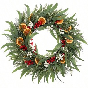 24 Inch Outdoor Winter Berry Eucalyptus Wreath with Dried Orange Slices White Beads Holiday Home Decor - 1 of 4