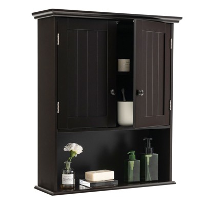 Tangkula Wall Mounted Bathroom Cabinet Medicine Cabinet Storage Organizer with 2 Doors & Adjustable Shelf Grey/White