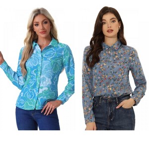 INSPIRE CHIC Women's Point Collar Long Button Sleeve Button Down Floral Shirt 2 Packs - 1 of 4