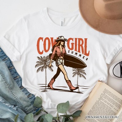 Cowgirl Summer Surf T-Shirt, Retro Western Beach White and Natural Tee for Free-Spirited Women| OrnamentallyYou