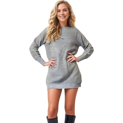Anna-Kaci Women's Knit Sweater Dress with Ribbed Hem and Cuffs - Medium, Gray