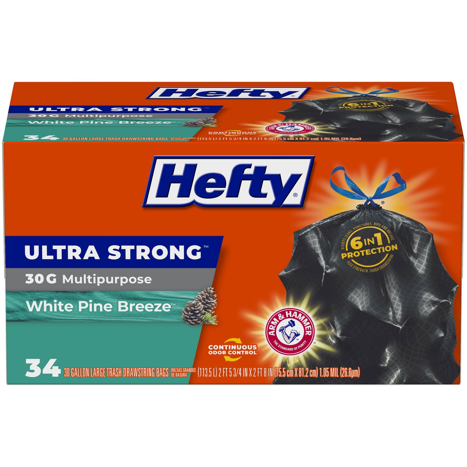 Hefty Ultra Strong White Pine Breeze Large Drawstring Trash Bags 30gal - Black - 34ct: Flexible Construction, Odor Control, Gripping Drawstring