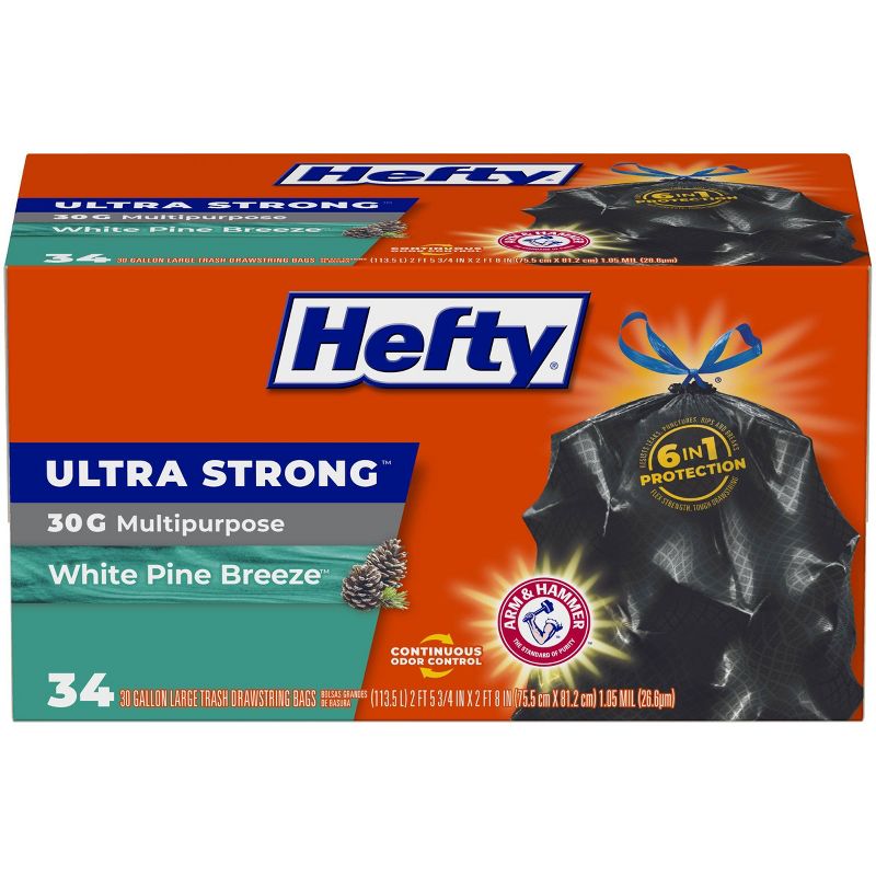 Hefty Ultra Strong White Pine Breeze Large Drawstring Trash Bags 30 Gallon - Black - 34ct, 1 of 8