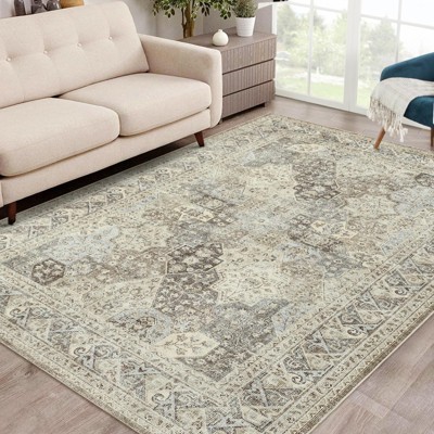 Living Room Rug Washable Rug Traditional Indoor Aesthetic Carpet Vintage Floral Distressed Floor Cover Low Pile