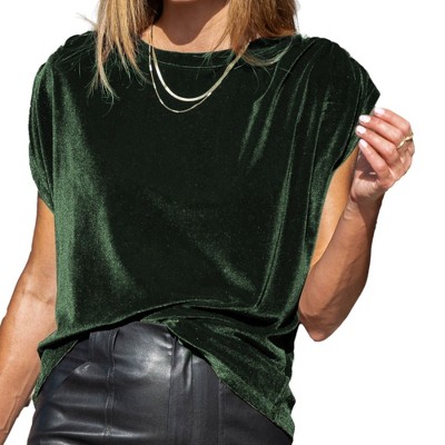 Amaryllis Women's Gathered Up Sleeve Velvet Blouse with Round Neckline Gathered Shoulder Detail Relaxed Fit Soft Fabric