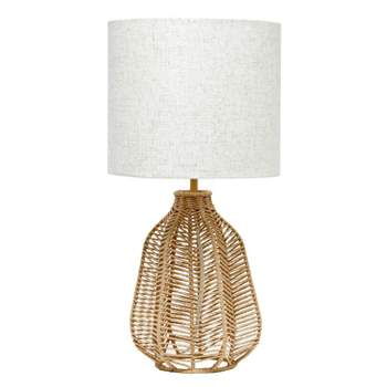 21" Vintage Rattan Wicker Style Paper Rope Bedside Table Lamp with Fabric Shade - Lalia Home