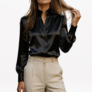 YESFASHION Womens Satin Stand Collar V Neck Long Sleeve Blouses