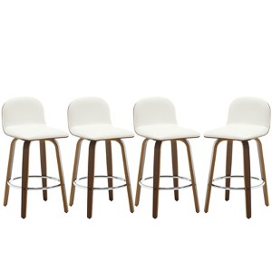 Bekrvio 26" Swivel Counter Height Bar Stools Set of 4 – Mid-Century Modern Upholstered PU Leather & Walnut Bentwood Legs, for Kitchen Island (White) - 1 of 4