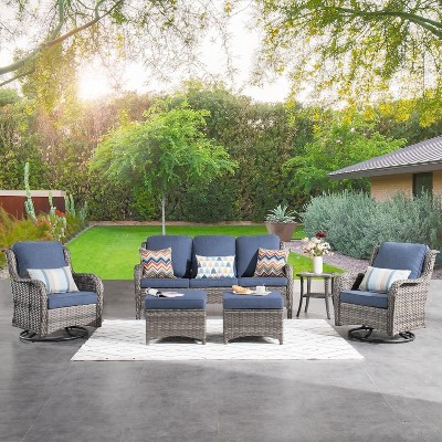 XIZZI Wicker Patio Furniture Set with 3-Seat Sofa, Swivel Rocking Armchairs & Ottomans & Side Table, Modular Sectional Outdoor Conversation Sofa Set