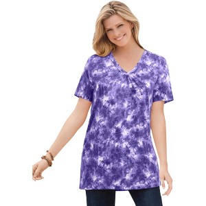 Woman Within Perfect Printed Short-Sleeve Shirred V-Neck Tunic - 1 of 4