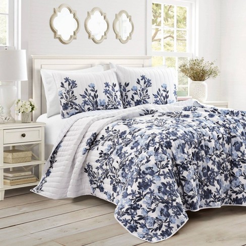  Lush Decor Aprile Soft Reversible Quilt Set- 3 Piece Quilted  Bedding Set with Charming Floral Leaf Design - Comfortable, Lightweight,  Beautiful Spring Garden Print - Full/ Queen, Blue & Gray 