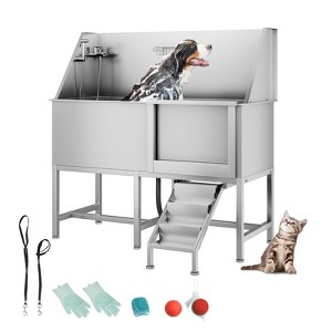TROPOW Dog Grooming Tub, Pet Bath Tub - 62'' Professional Stainless Steel with Retractable Stairs, Faucet/Showerhead - 1 of 4