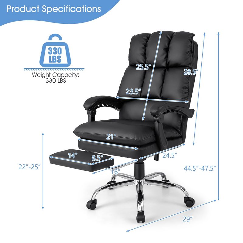 Costway High Back Reclining Office Chair Ergonomic Computer Desk Chair w/ Footrest & Pad, 3 of 11