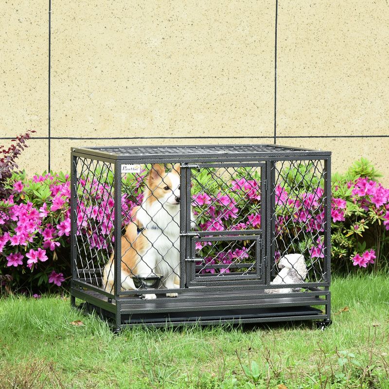 PawHut 42.5" Heavy Duty Dog Crate Metal Kennel and Cage Dog Playpen with Lockable Wheels, Slide-out Tray, Food Bowl and Double Doors, 4 of 8