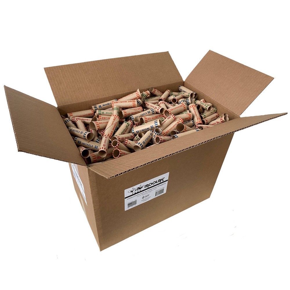 Moolah 1000pk Preformed Assorted Coin Wrappers: Paper Money Rollers & Sorter, Uncoated Brown Stationery Basics
