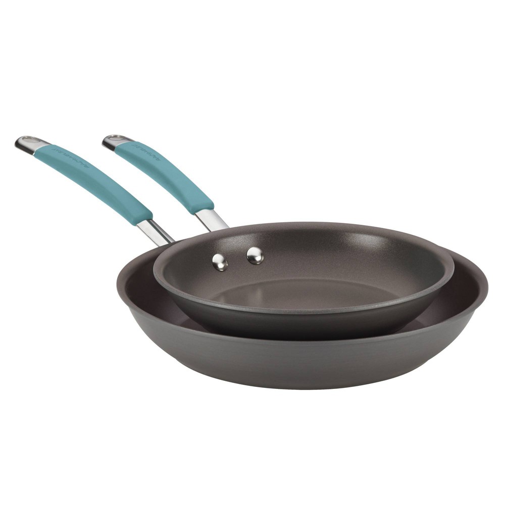 Rachael Ray Twin Pack Hard-Anodized Nonstick Skillet Set with Handles - Gray with Agave Blue