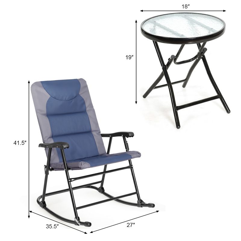 Costway 3PCS Folding Bistro Set Rocking Chair Cushioned Table Garden Blue, 2 of 11