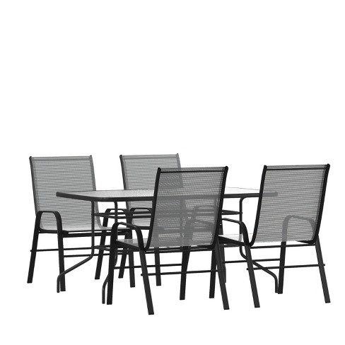 Brazos 5 Piece Commercial Grade Patio Dining Set with Tempered Glass Patio Table and 4 Chairs with Flex Comfort Material Seats and Backs