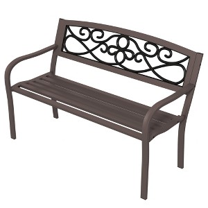 50" Outdoor Bench, Metal Garden Bench with Floral Pattern Backrest, Porch Bench with Slatted Seat for Park, Lawn - 1 of 4
