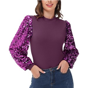 Anna-Kaci Women's Sequin Puffed Long Sleeve Mock Neck Pullover - 1 of 4