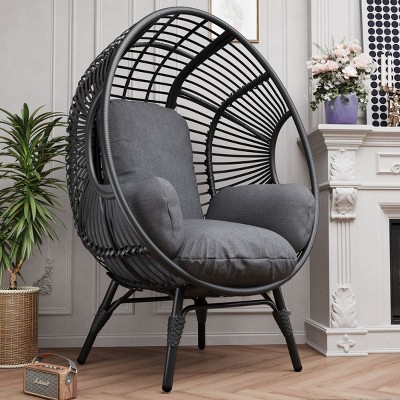 PE Wicker Weaving Patio Egg Chair,Gray Fabric Upholstered Basket Swing Chair,Indoor Outdoor Lounge Egg Chair With Heavy Stand-Coolbibila